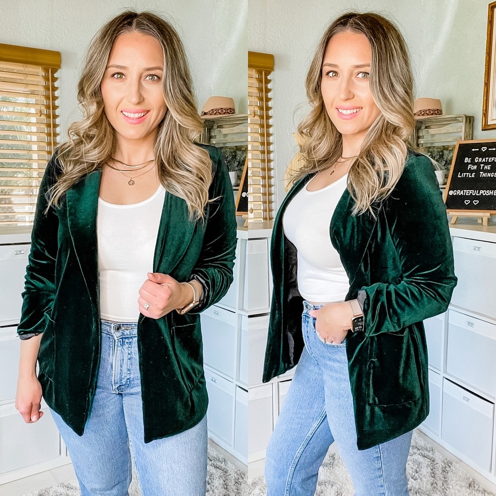 Mza Dtng Long Sleeve Open Jewel Tone Velvet Blazer Jacket Green Small